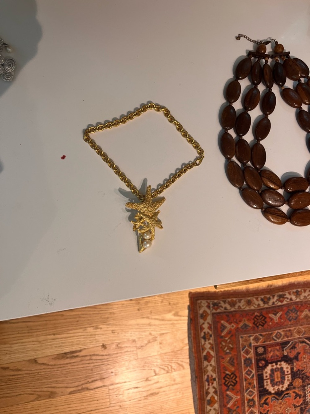 Gold Tone Leaf Pendant Chain Necklace with Pearl Accent